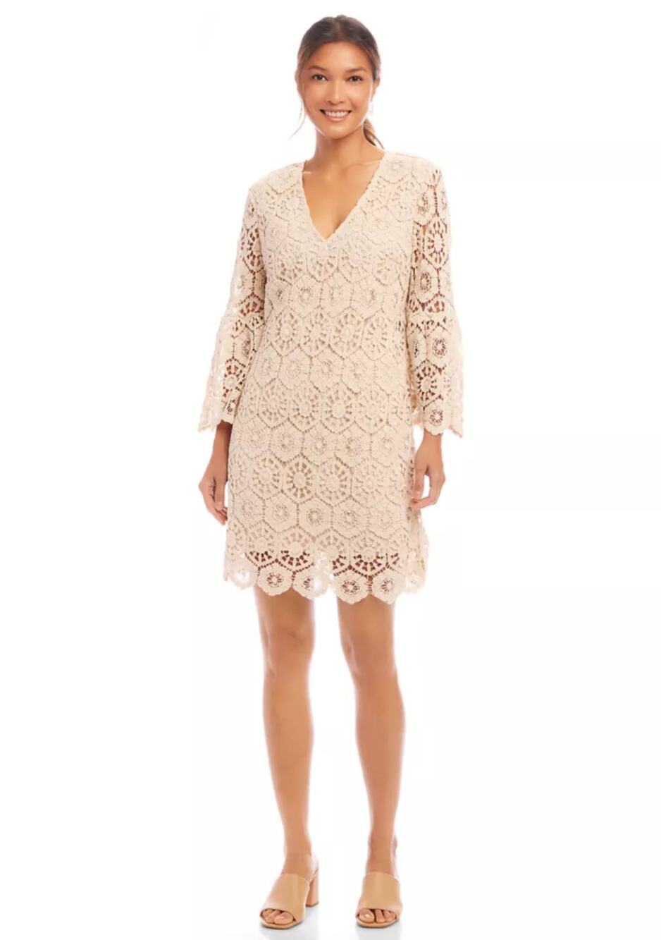 Karen Kane Natural Beige Ruffle 3/4 Sleeve Crochet Mini Dress Women's Size XS